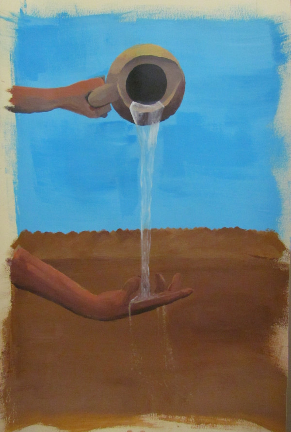 a painting of water pouring out of a vase and into a hand, then turning to sand